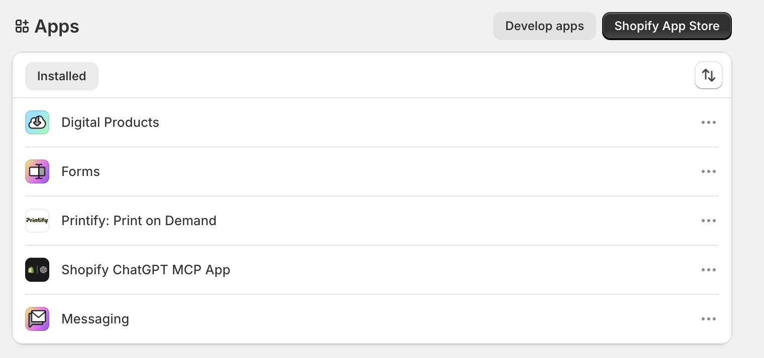 Installed Shopify applications